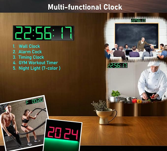 26'' Huge Clock (5.3'' Digits), Gym Timer, Home Gym Clock, Interval Workout Timer, with 8 Alarms, 7-Color Night Lights, for HIIT/Tabata/EMOM/FGB/Boxing (Green)