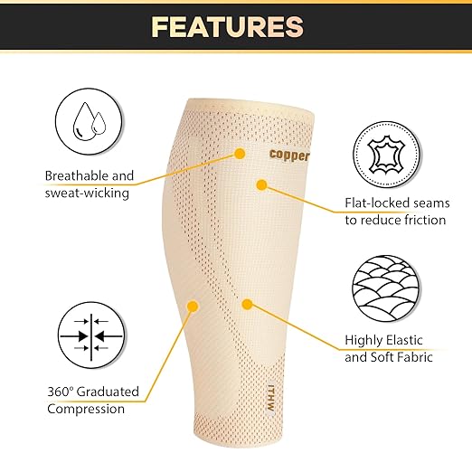 Copper Calf Compression Sleeves for Men & Women - High Stretch Graduated Compression with Anti-Slip Grip | Breathable & Smooth Lining Footless Design for Runners, Shin Splints, Leg Fatigue & Travel (Nude, XX-Large)