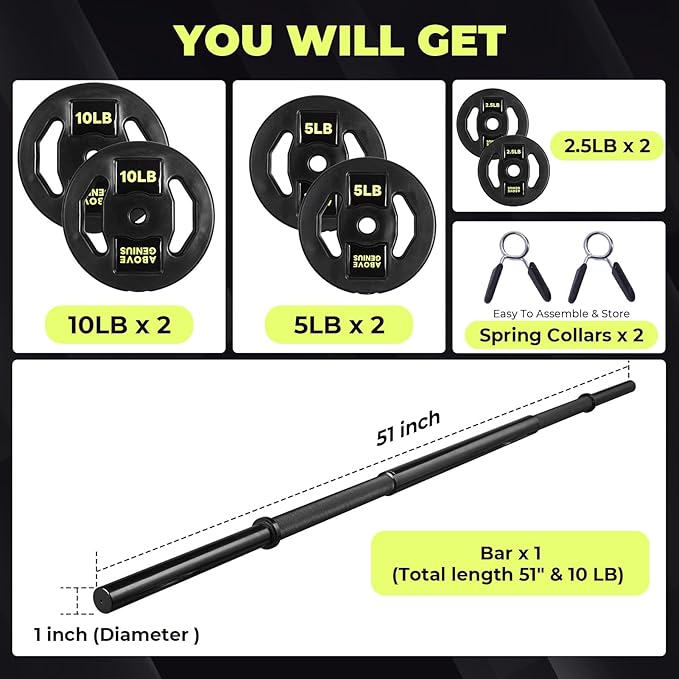 Barbell Weight Set, 45 LB Adjustable Free Weights Bar Set for Home Gym Strength Training, Full Body Workout, Muscle Building, Home Fitness Weight Lifting Equipment