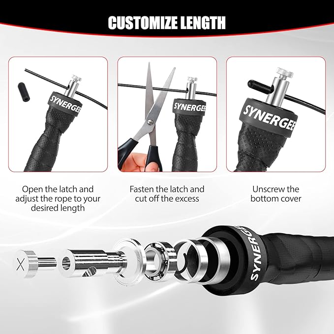 Synergee Jet Black Speed Jump Rope - (2) Adjustable 10 Ft Cable - Steel Ball Bearings - For CrossFit, MMA, Boxing & Fitness, Anti-Slip Handles.