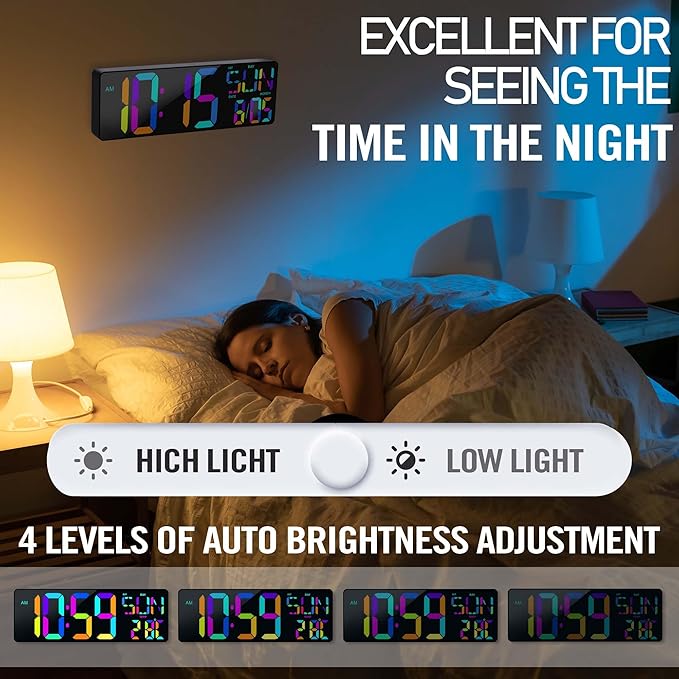 TXL16.5 Digital Wall Clock Large Display, LED Wall Clock RGB Color Changing, Count Up/Down Timer Clock with Remote Control, Adjustable Brightness Alarm Clock for Home, Office, Gym, Elderly, Auto DST