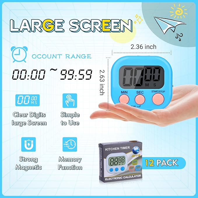 Mwellewm Digital Kitchen Timer 12 Packs Magnetic Classroom Stopwatch Timer 6 Colors Small Digital Countdown Timers for Cooking Mini Loud Alarm Stop for Kitchen Study Work Sports Games Office Clock