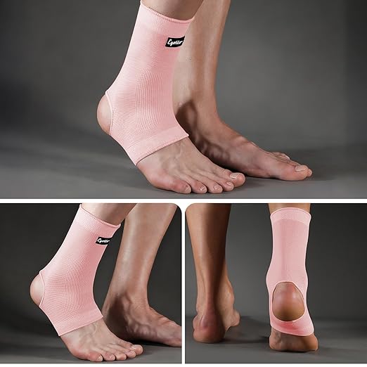 eYotto Open-Heel Ankle Sleeves (6 Pair), Breathable Foot & Ankle Compression Support for Swelling, Plantar Fasciitis & Sprain Relief for Men & Women(Pink)
