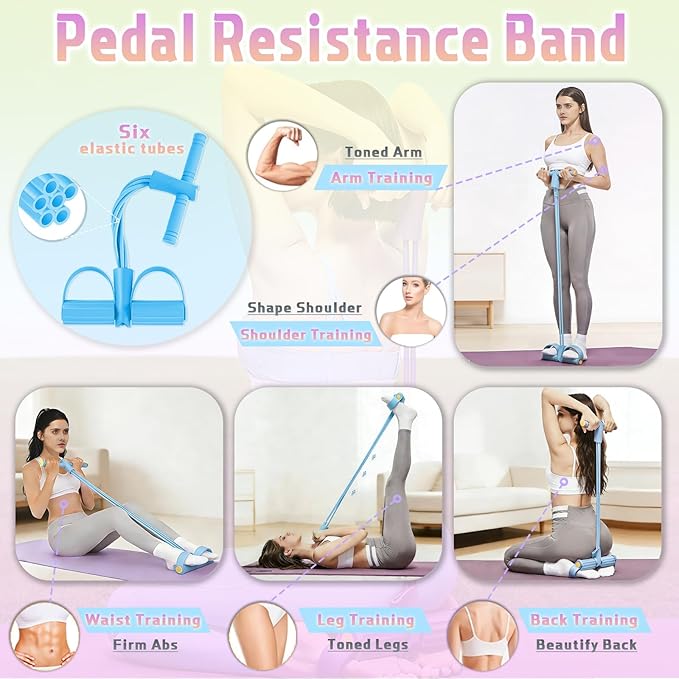 5 Pcs Resistance Bands Set, Pedal Resistance Band with Handles Fitness Equipment, Workout Elastic Exercise Bands for Ab, Waist, Arm, Leg, Women Stretch Bands for Pilates, Yoga at Home, Gym