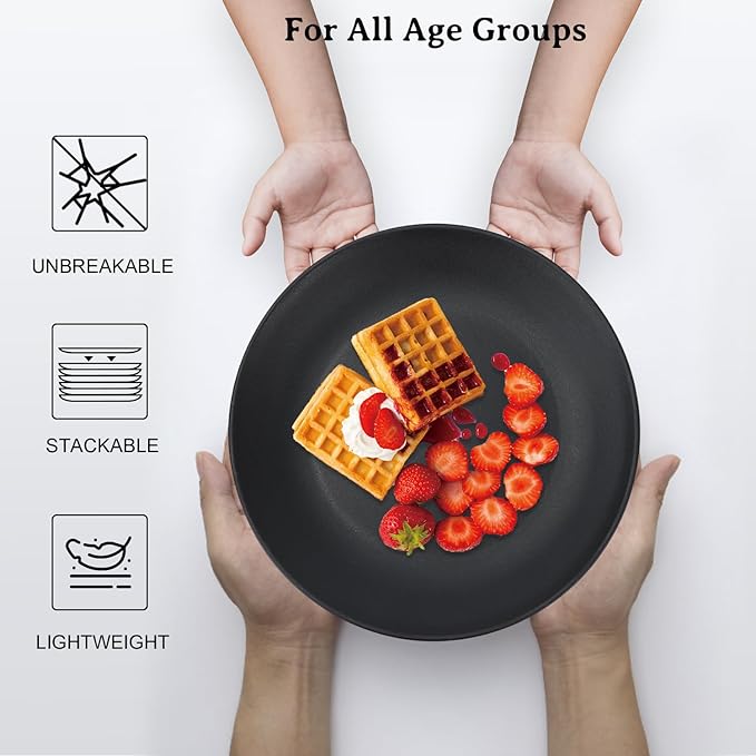 Wrova Wheat Straw Dinner Plates 9 Inch Unbreakable Set of 8 - Dishwasher & Microwave Safe Plastic Plates Reusable - Lightweight Plates for Kitchen,Camping,Apartment,Dorm,RV - Pure Black