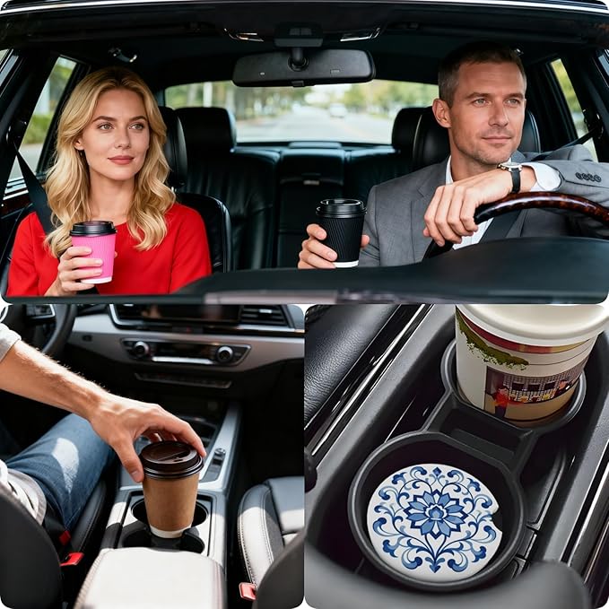 Car Cup Holder Coasters, 2 Pcs Ceramic Coasters with Finger Slot and Cork Back, Anti-Slip Shock Absorbing Women and Men Universal Car Accessories - Porcelain