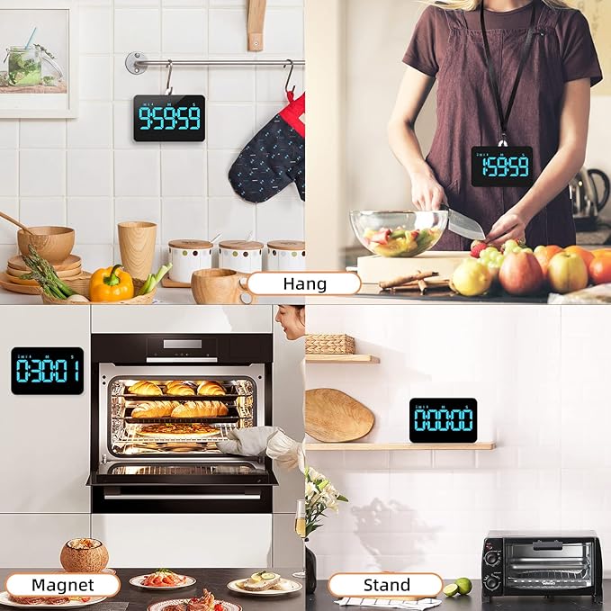Rechargeable Digital Kitchen Timer for Cooking, Magnetic Timers with Countdown/up, Kids Timer with 5”LED Display 3 Brightness 4 Volume Adjustable for Classroom/Office/Home/Work/Fitness/Game（Blue）