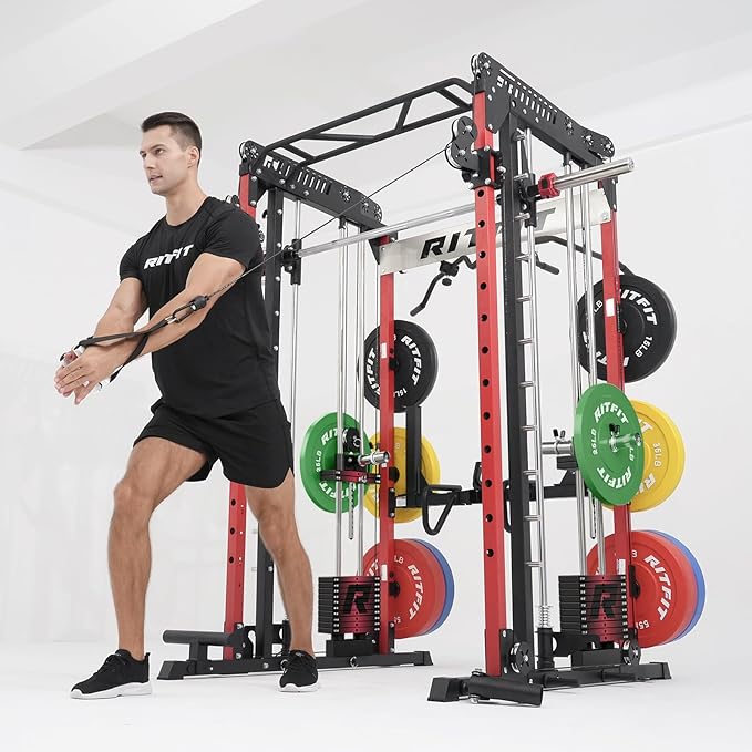 RitFit M1 Pro Smith Machine with Cable Crossover System, Multi-Function Squat Rack Power Cage for Home Gym, Power Rack and Packages