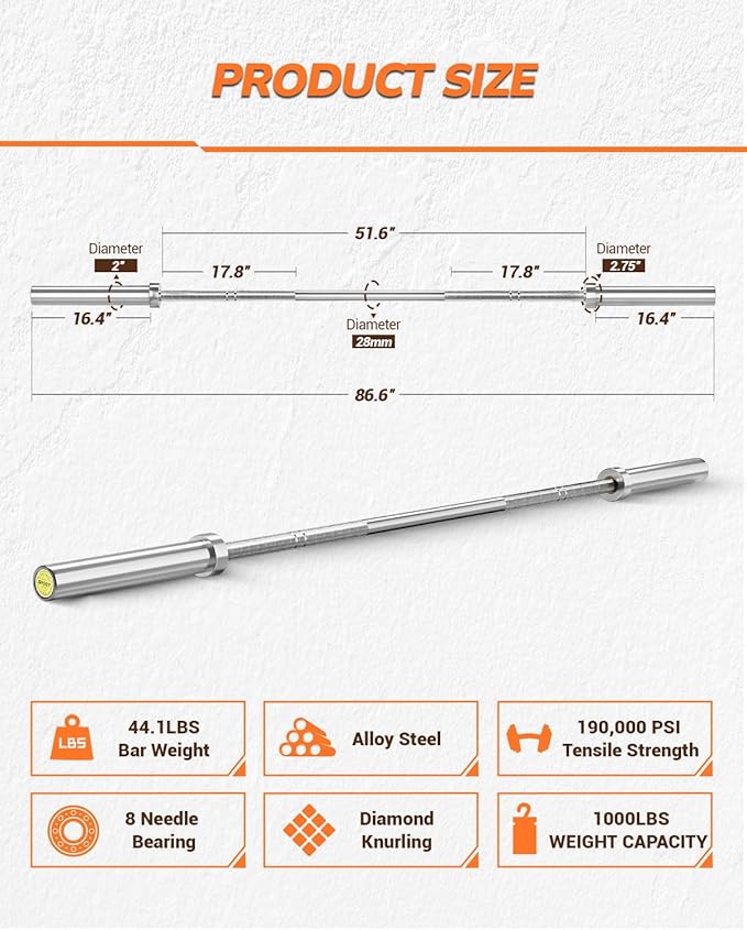 7ft Olympic Barbell for Weightlifting, Power Lifting Home Gym, 1000 LBS Capacity Strength Training Weight Bar for Squats, Deadlifts, Presses, Rows, Curls, 45 LB, Fit 2 in Weight Plates