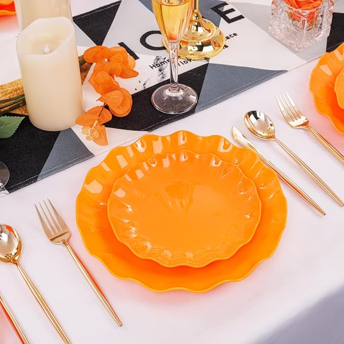 LIYH 24 Pcs Orange Plastic Plates Reusable Orange Plates Scalloped Plastic Plate for Holiday Party Dishwasher Safe Sturdy Reusable (12 Guests) Suitable for Holiday Gatherings