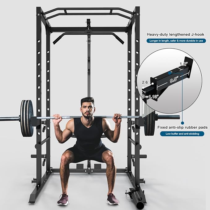 ULTRA FUEGO Power Cage, Multi-Functional Power Rack with J-Hooks, Dip Handles, Landmine Attachment and Optional Cable Pulley System for Home Gym