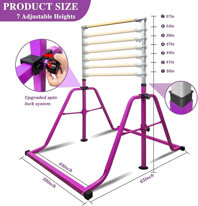 Foldable & Moveable Gymnastics Horizontal Bar with Rings,3’to 5’Adjustable Height Expandable Junior Kip Bar for Home,Indoor Gym Equipment for Kids