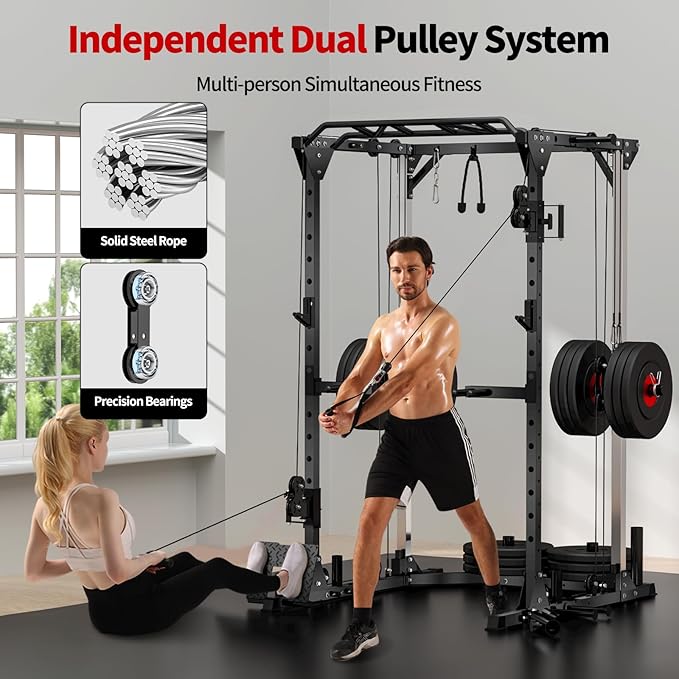 JEEKEE Power Cage with Cable Crossover System, 2000LB Multi-Function Power Rack with Independent Dual Pulleys, LAT Pulldown Seat Cushion, 20+ Attachments Squat Rack for Home Gym Workout,Black
