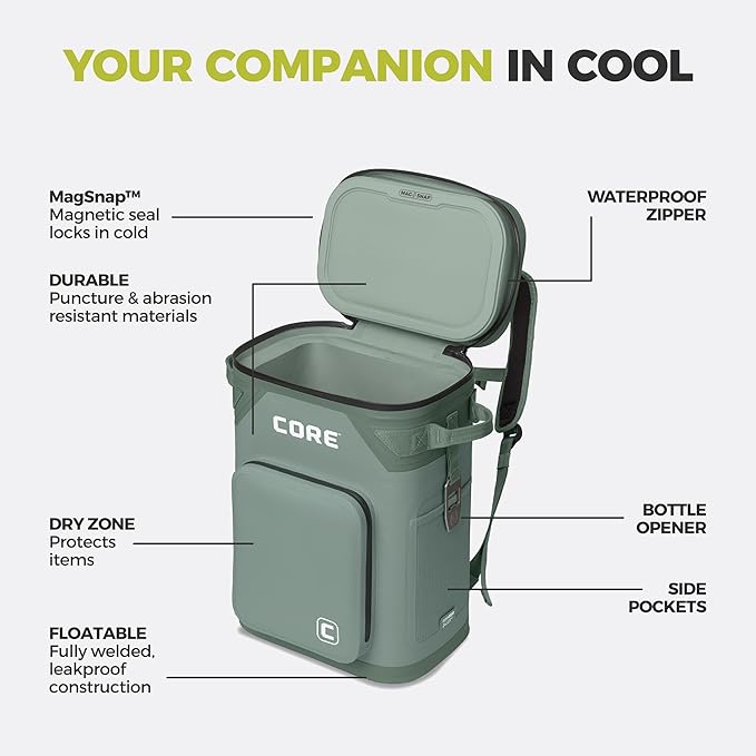 CORE Magnetic Leak Proof Soft Cooler with Waterproof Zipper | Insulated Bag Portable Ice Chest Box | Best Soft Cooler for Food & Beverages for Tailgating, Car Camping, Travel, and Family Beach Picnics