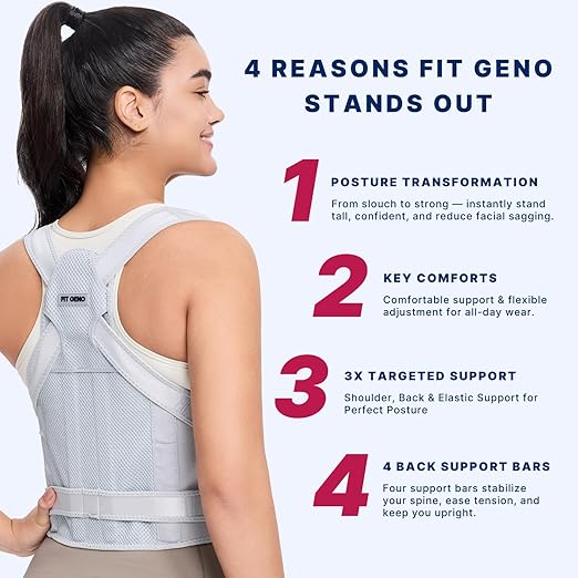 Fit Geno Back Brace Posture Corrector for Men & Women: Shoulder Straightener Adjustable Full Back Support Pain Relief - Scoliosis Hunchback Spine Corrector (Small), Gray