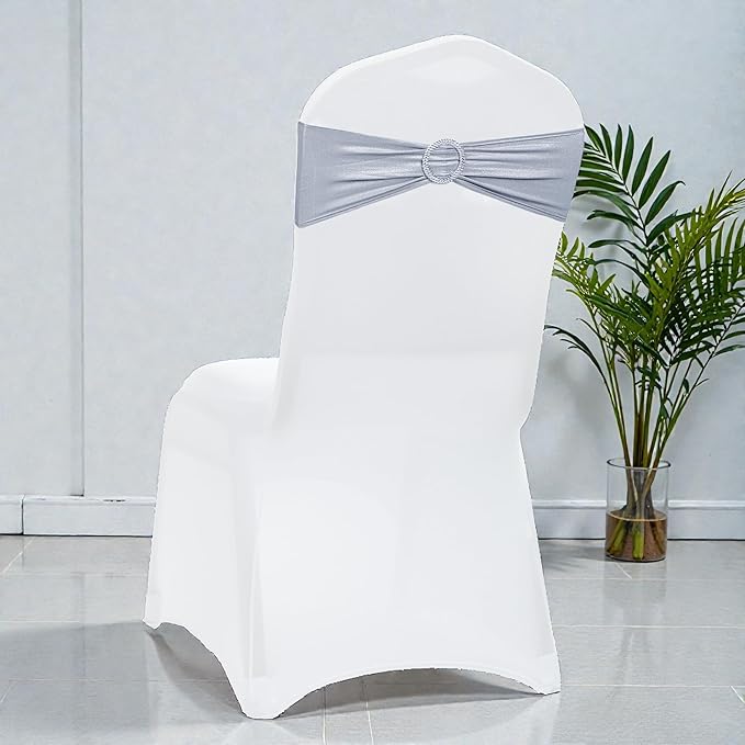 MDS Pack of 125 Spandex Foil Chair Sashes Bow Universal fits Elastic Stretch Chair Bands Ties with Buckle for Wedding Lycra Slider Bow - Metallic/zari/Sparkle Silver
