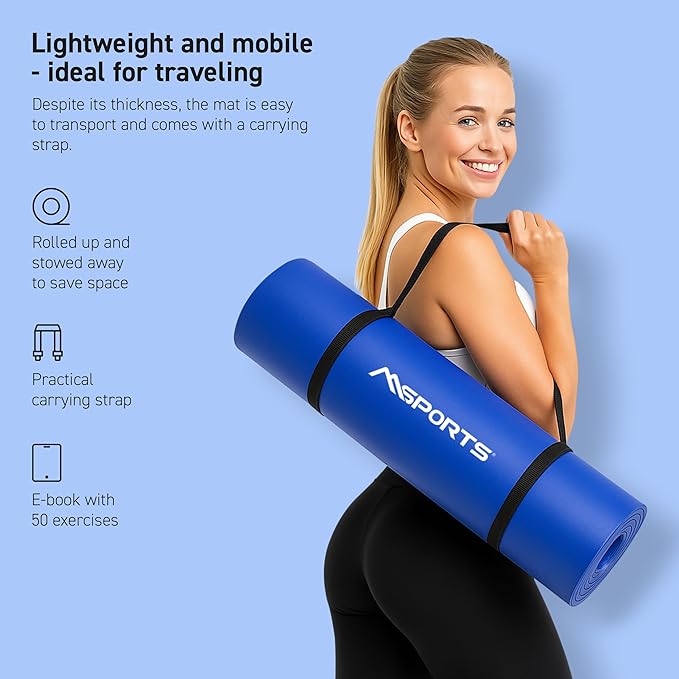 MSPORTS Yoga Mat Premium Non Slip Thick – Extra Comfortable Exercise Mat for Home Workouts, Pilates, Stretching & Gym – Cushioned NBR Foam, Gym Mat with Strap, for Women & Men