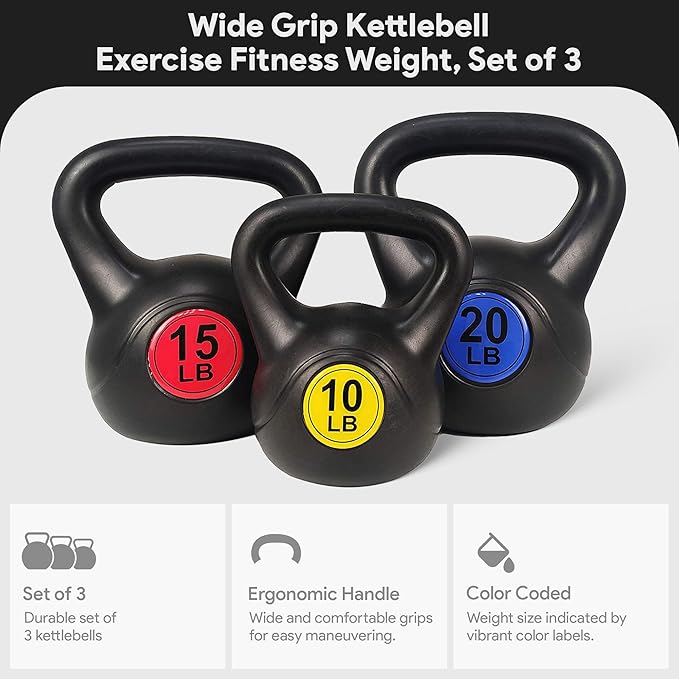 BalanceFrom Vinyl Kettlebell Set, 30/45/50/75 Pound Options – Cement-Filled Strength Training Weights with Ergonomic Grip and Color Coding for Full Body Fitness at Home or Gym