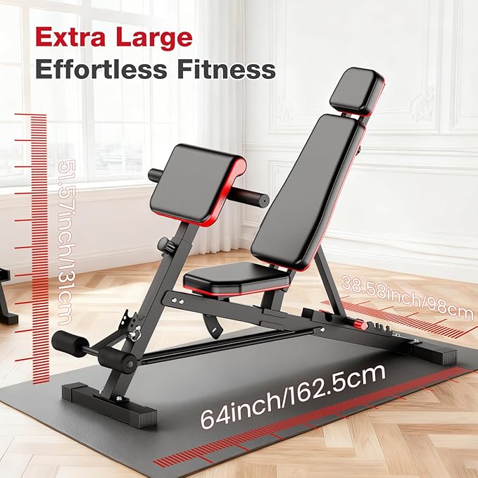 ALSO GO Adjustable Weight Bench, Workout Benches with Leg Extension & Extended Headrest, Foldable Incline Decline Bench Press, Roman Chair, Full Body Strength Training Equipment for Home Gym