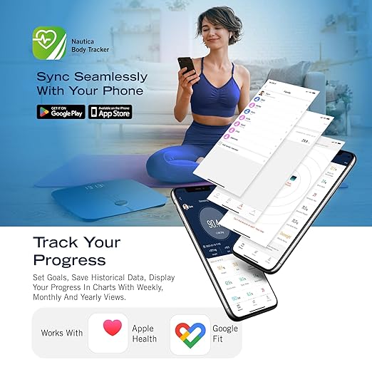 Nautica Body Tracker Digital Bathroom Scale, Bluetooth-Enabled Smart Scale with BMI, Body Fat, Muscle Mass Tracking & More, Syncs with Smartphone App for Body Composition Tracking, 440 Lbs.