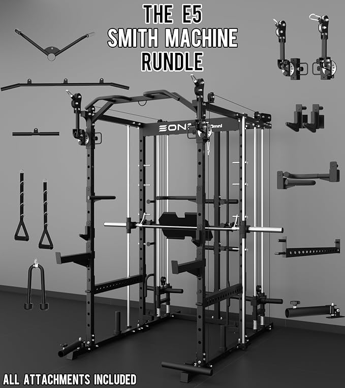 Eonfit E5 Smith Machine with Vertical Leg Press, Power Cage Squat Rack with LAT-Pull Down Cable Crossover Rotating Arms System Home Gym Equipment All in One