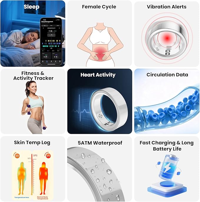 RQZ Smart Ring for Women Men, Fitness Tracker with Heart Rate Tracking, Sleep Tracking, Step Counter, Vibration Alert, 5ATM Waterproof, iOS Android Compatible, Silver Size 6