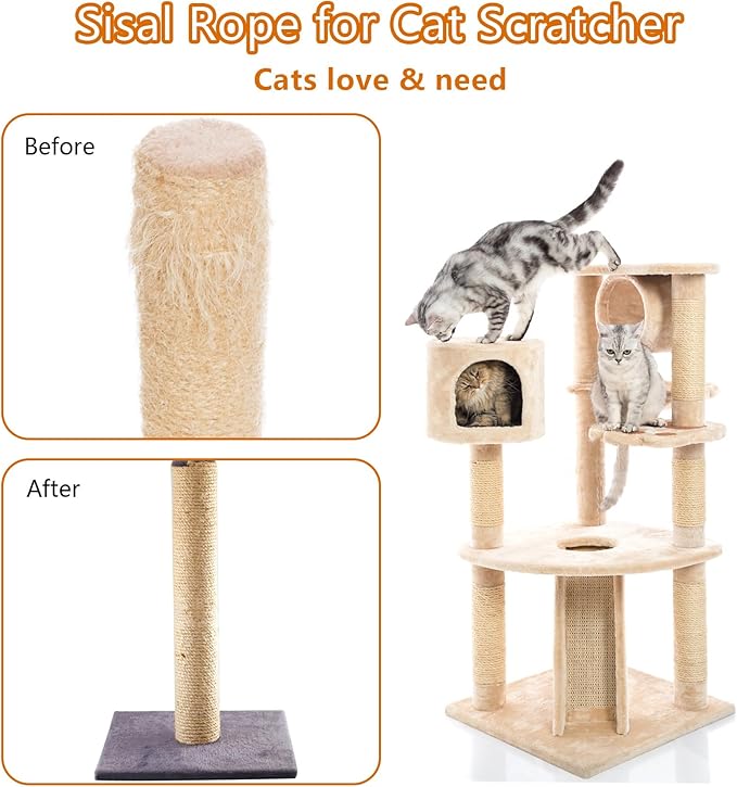 Sisal Rope 1/4 Inch X 1200 FT, Natural Hemp Rope Twine, Twisted 4 Strand Long for Cat Scratcher, Docks, DIY Projects
