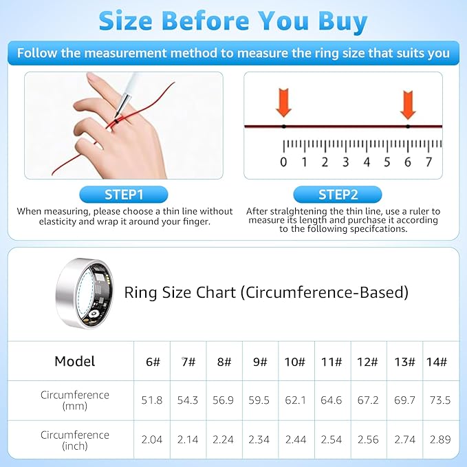 Smart Ring Health Tracker for Women & Men, Fitness Ring with Heart Rate Blood Oxygen, Sleep monitor, Step Tracker, IP68 Waterproof Compatible with iOS & Android, No Subscription Fee (Silver, 6)