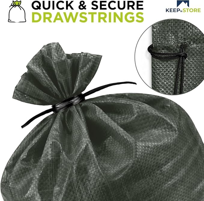 Heavy Duty Sand Bags Pack of 5, Army Green Empty Sandbags with Built-In Ties, Woven Polypropylene UV Protection 1600 Hours, Fillable Bags for Flood Control, Weight, 36x48 inches, 175 Pounds Volume