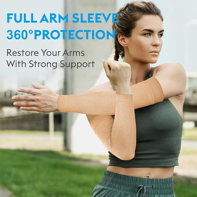 KEKING® Compression Arm Sleeves, Firm 20-30mmHg Graduated Compression Full Arm Support for Recovery, Pain Relief, Tendonitis, Golfers & Tennis Elbow Brace, Workouts Sports - Latex Free Beige M