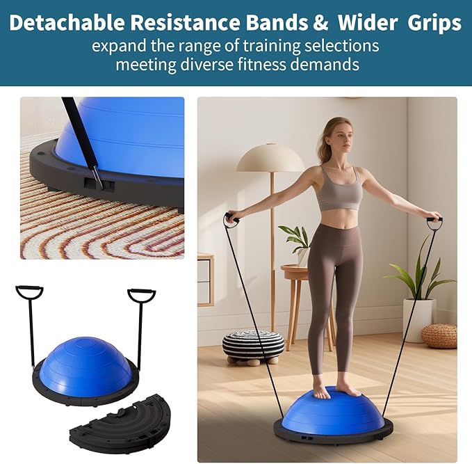 Vtory Foldable Balance Ball, Upgrate Half Ball Balance Trainer, 1300 lbs Capacity Stability Ball, 23.5 Inch Yoga Half Ball, with Resistance Band & Foot Pump, No-slip Blue Pink