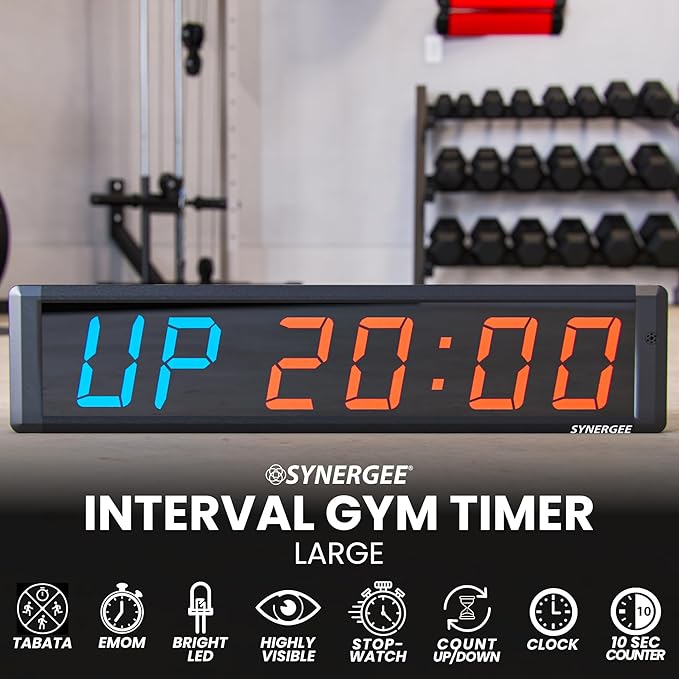 Synergee 28' Workout Interval Timer. Programmable Wall Mounted Gym Timer with Wireless Remote. Tabata EMOTM Stopwatch Count Up/Down MMA Clock