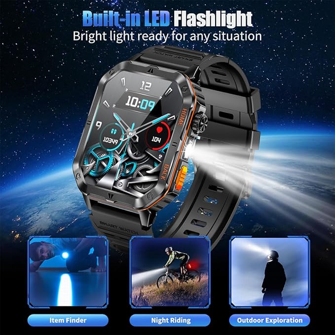 Military Smart Watch for Men, 2.01” Fitness Tracker with 1200mAh Battery Life, Bluetooth Calling, Flashlight, 5ATM Waterproof, Heart Rate & Sleep Tracking, 110+ Sports Modes for Android & iPhone