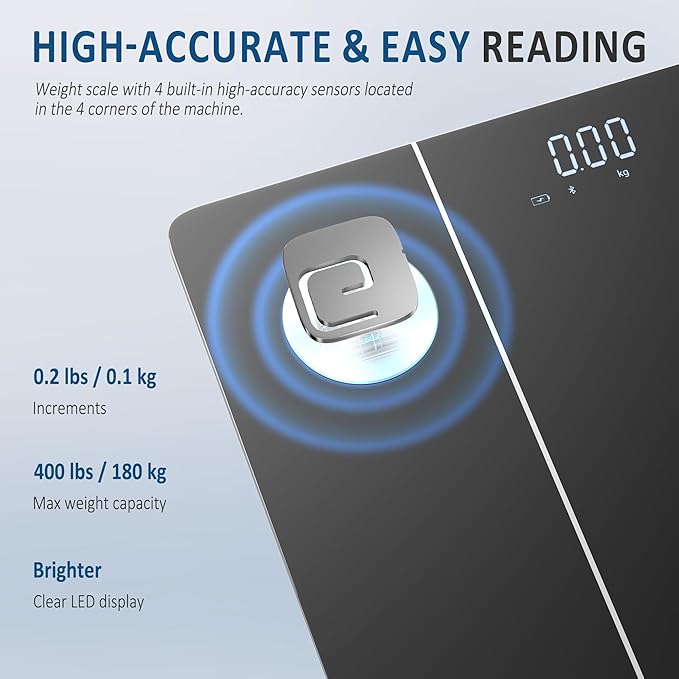 Elevon Smart Scale for Body Weight, Digital Bathroom Scale with LED Display, 12 Body Composition Metrics, Body Fat BMI Health Monitor, Bluetooth Sync with Apps, 400lb Capacity, Tempered Glass