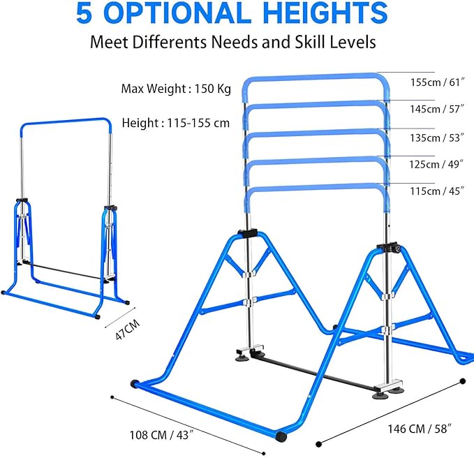 Gymnastics Horizontal Bar, Junior Training Kip Bar Gymnastics Equipment for Home, Adjustable Telescopic Height Folding Horizontal Bar with Gymnastic Rings for 3-12 Years Old Kids