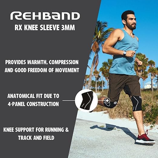 Rehband Knee Sleeve 3mm Neoprene, Lightweight Knee Brace for Endurance and Ball Sports, Unisex Compression Starter Knee-Sleeves, Breathable Running Knee Support, Colour:Black, Size:X-Small