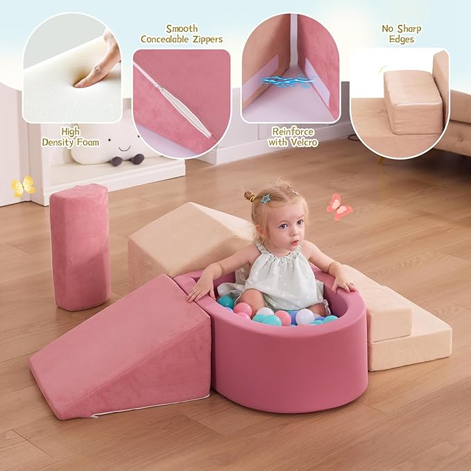 Foam Climbing Blocks with Ball Pit, Climbing Toys for Toddlers, Foam Climb and Crawl Activity Playset Indoor, Soft Play Equipment for Toddler Crawling Sliding Playing (Excluding Balls)