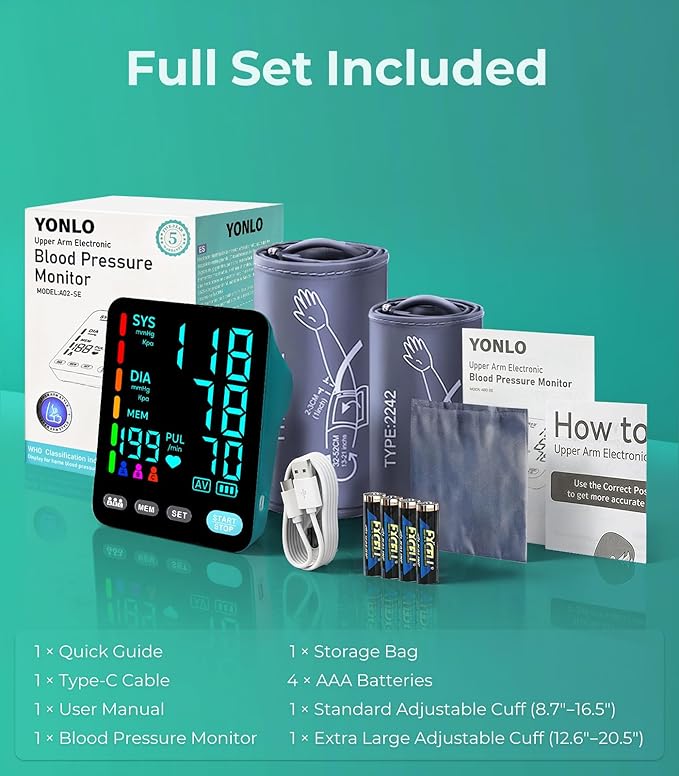 Blood Pressure Monitor, Automatic Upper Arm Blood Pressure Monitors for Home Use, 2 Blood Pressure Machine Cuff(9-17in & 13-21in) with Large LED Backlit Display, 3x199 Reading Memory Users Green