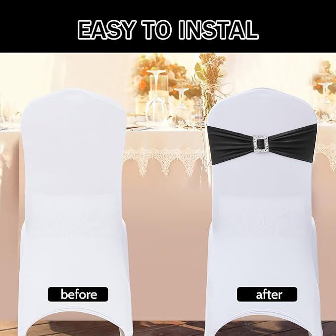 Joccun 120 PCS Spandex Chair Sashes Bows Stretch Chair Cover Band with Buckle Slider Universal Elastic Chair Ties for Wedding Banquet Party Event Decoration (Black)