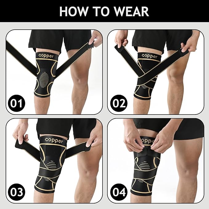 JHVW Copper Knee Brace for Women Men 2-Pack, Knee Compression Sleeve with Straps, Knee Braces for Knee Pain, Knee Support for Running Working