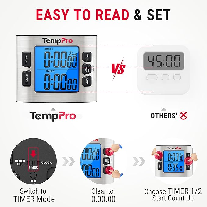 TempPro TM02 24H Digital Timer with Dual Kitchen Timers for Cooking, Magnetic Timer Clock with Adjustable Alarm Volume & LCD Backlit Display, Classroom Timer for Kids & Teachers (Previously ThermoPro)