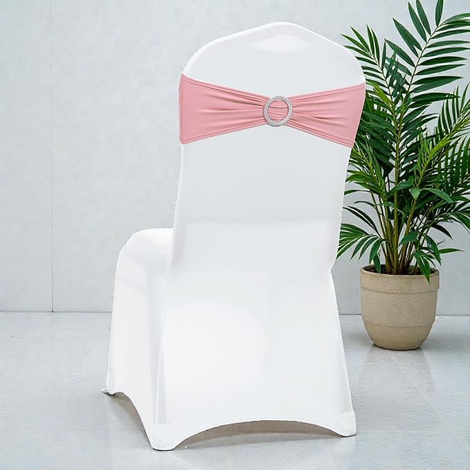 VDS - Dusty Rose | Spandex Chair Sashes Bows | 150 PCS | Stretch Elastic Banquet Universal Folding Chair Band Tie with Silver Buckle Slider for Wedding Party Conference Celebration Event Decoration