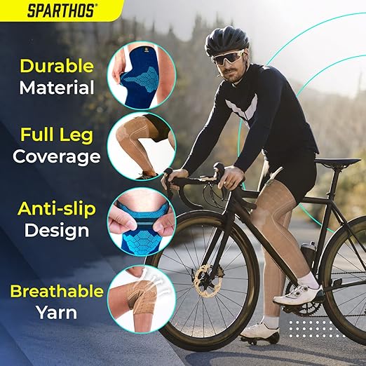Sparthos Full Leg Compression Sleeves - Braces for Calves, Knee and Thigh, Recovery, Support Pain Relief for Sports Patella Meniscus Tear Mcl Acl Tendon Osgood Schlatter - Mens and Womens (Beige-S)