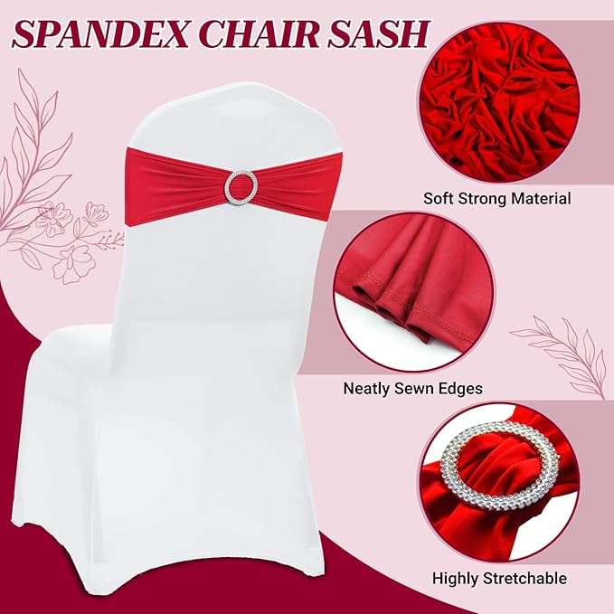 VDS - Red | Spandex Chair Sashes Bows | 250 PCS | Stretch Elastic Banquet Universal Folding Chair Band Tie with Silver Buckle Slider for Wedding Party Conference Celebration Event Decoration