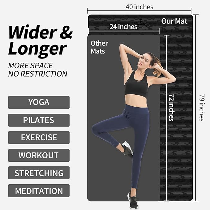 Hatha Yoga Extra Long TPE Yoga Mat 79" x 40" x 1/2" Thick Non-slip Exercise Mat for Home Gym Use, Yoga, Pilates, Fitness & Workouts