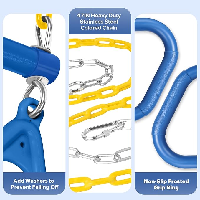 LadyRosian 17" Trapeze Bar Swing Set Gym Rings 47" Heavy Duty Chain Swing Set Accessories with Locking Carabiners Plastic Coated Chains Monkey Bars for Backyard, Playroom (Blue)