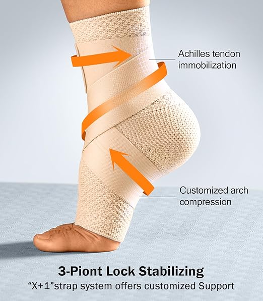 Flat Knitting Ankle Brace for Women&Men, 7-Zone Dynamic Compression Sleeve w/Flex Strap,Foot Support for Sports, Sprained Ankle, Achilles Tendonitis, Plantar Fasciitis Relief(Pack of1) S,Nude