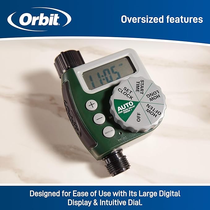 Orbit Programmable Digital Hose Watering Timer - 1 Outlet - Battery Powered - with LCD Screen - Built-in Rain Delay - Water-Resistant - 62061