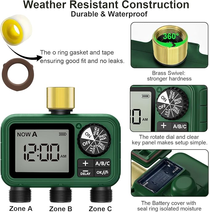 Water Timer for Outdoor Garden Hose, Sprinkler Timer for Garden Faucet with Auto/Manual/Rain Delay Mode, Sprinkler Irrigation Controller for Yard Lawn (3 Zones Brass Inlet)