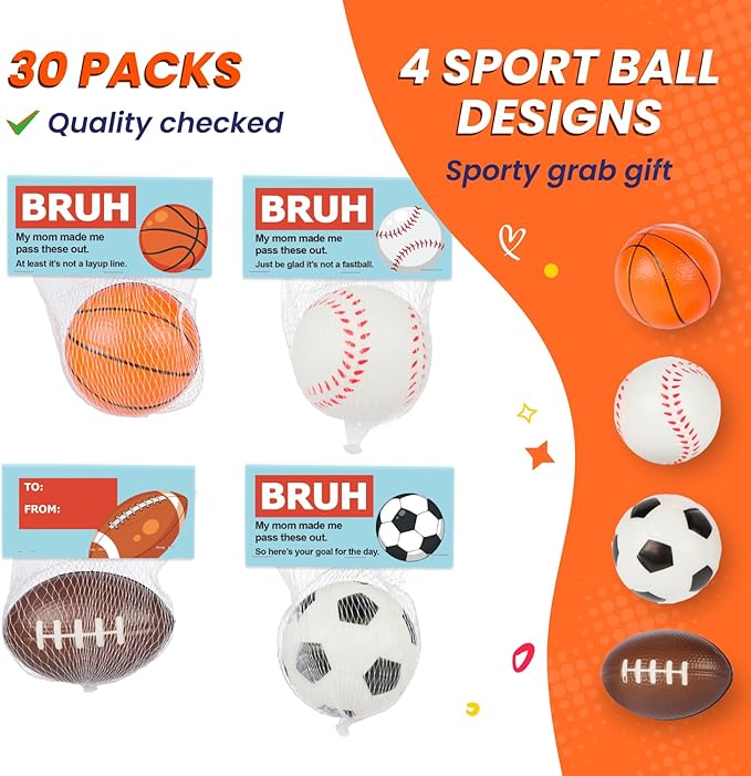 Bruh Cards for Tweens & Teens – 30 Sports Stress Balls, Funny Classroom Rewards, Middle School Party Favors, Non-Candy Bulk Toys, Prize Box & Goodie Bag Stuffers